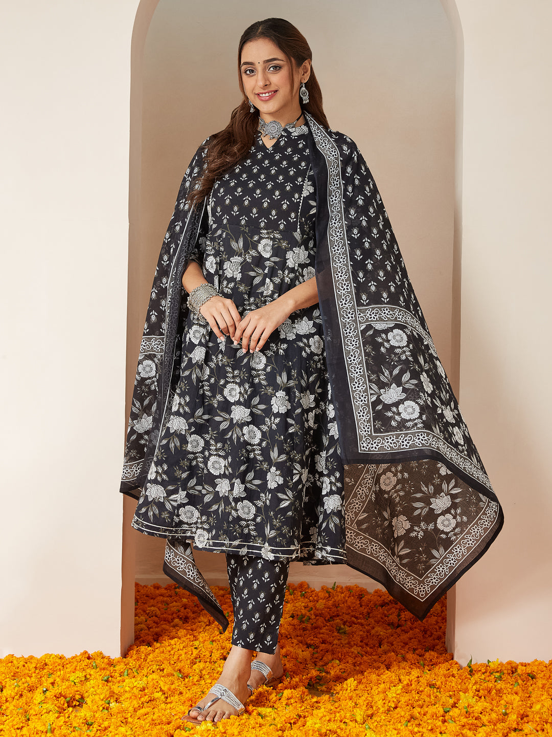 Black Cambric A-Line Floral Printed 3-Piece Kurta Set