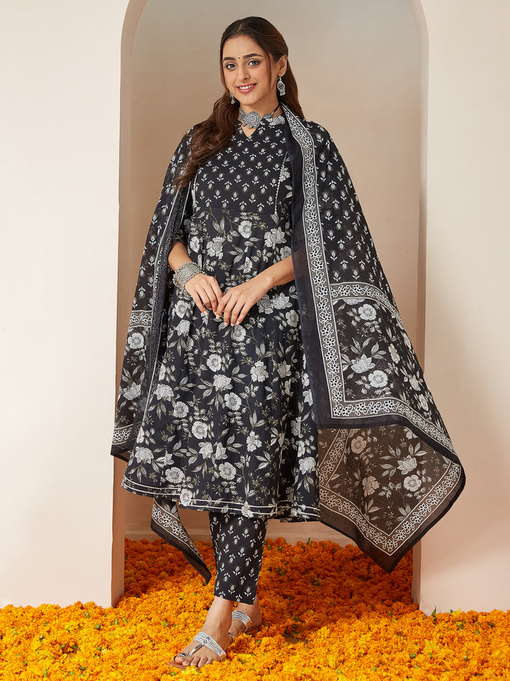 Black Cambric A-Line Floral Printed 3-Piece Kurta Set