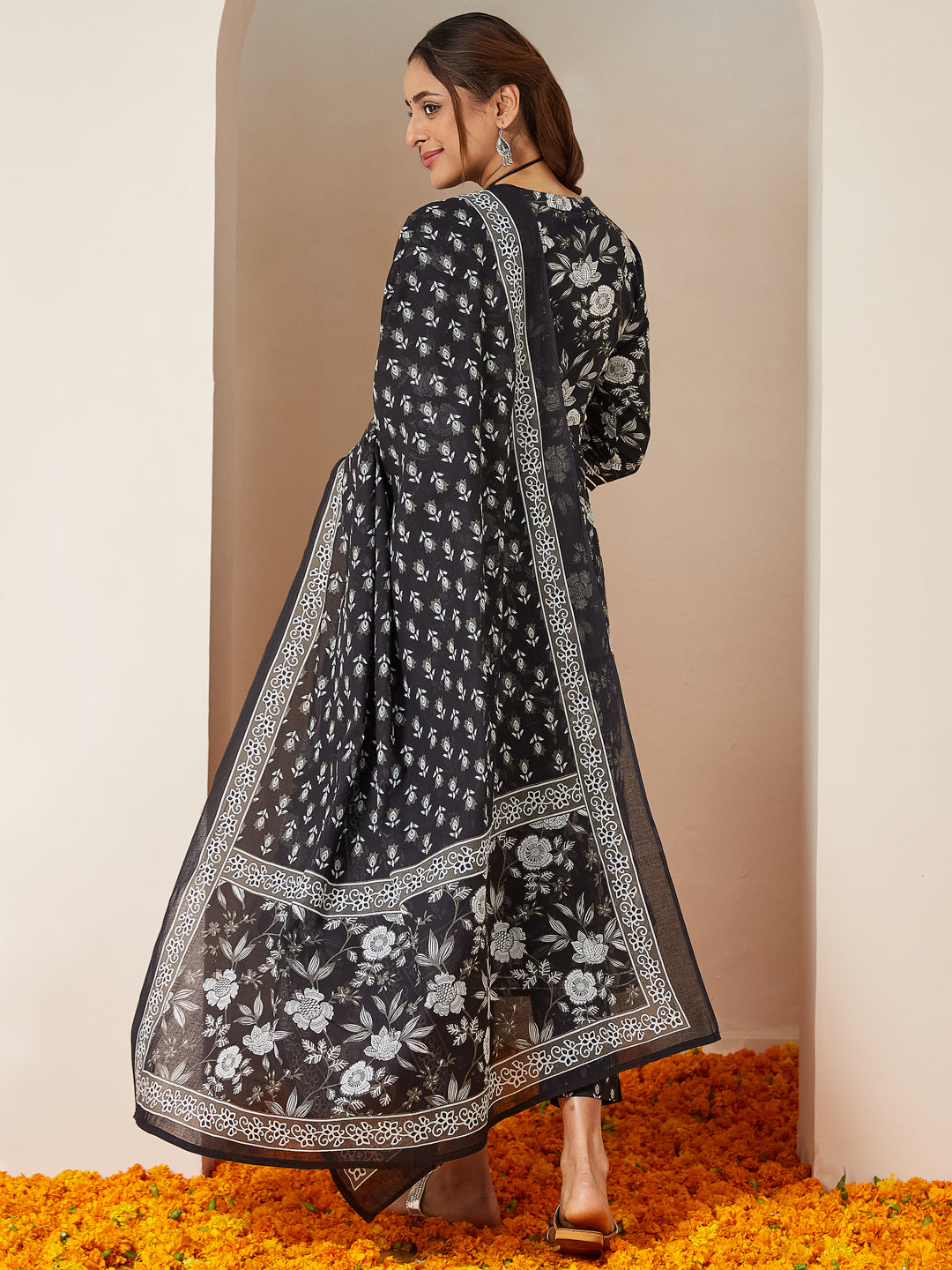 Black Cambric A-Line Floral Printed 3-Piece Kurta Set