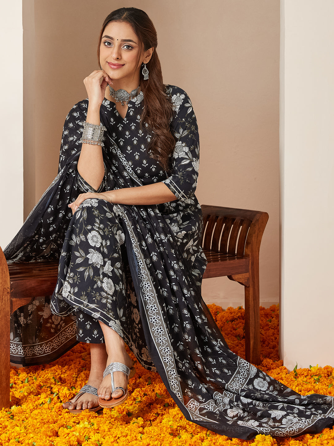 Black Cambric A-Line Floral Printed 3-Piece Kurta Set
