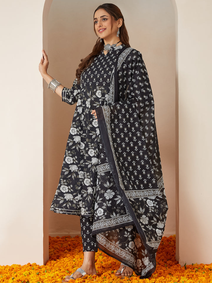 Black Cambric A-Line Floral Printed 3-Piece Kurta Set