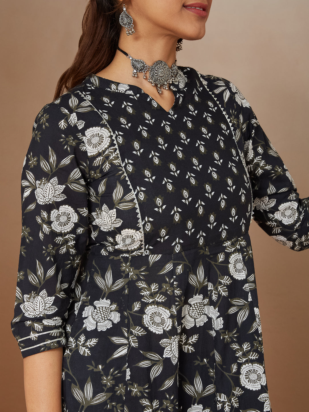 Black Cambric A-Line Floral Printed 3-Piece Kurta Set