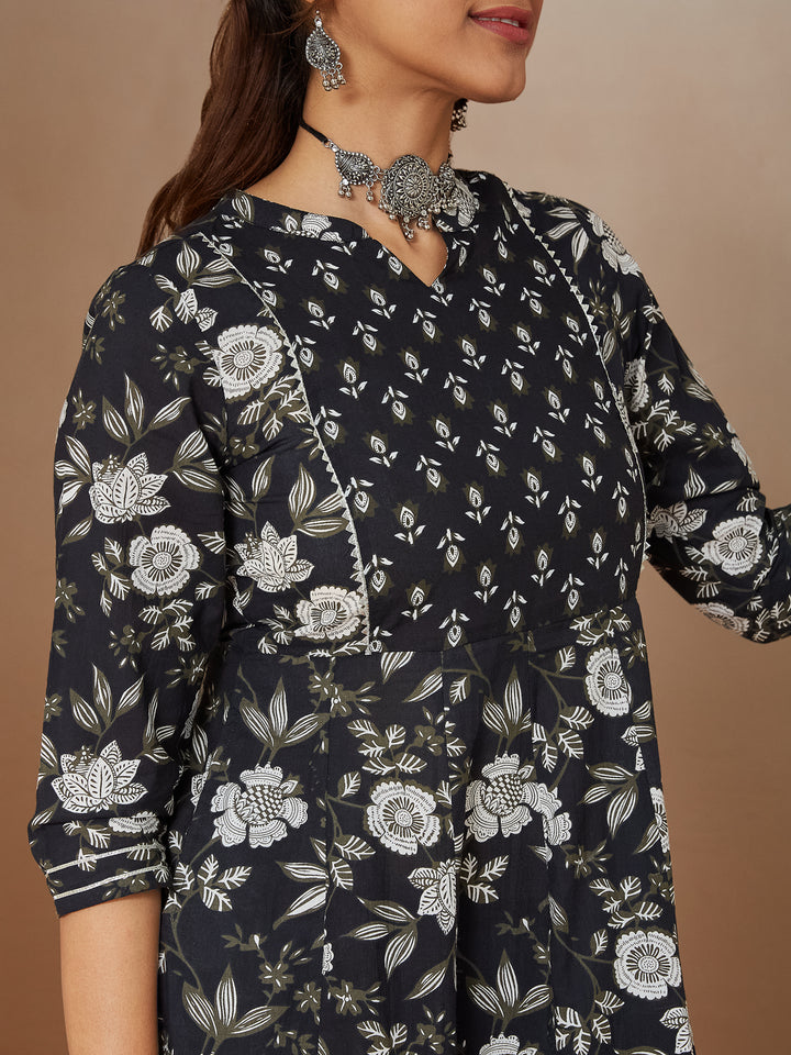 Black Cambric A-Line Floral Printed 3-Piece Kurta Set