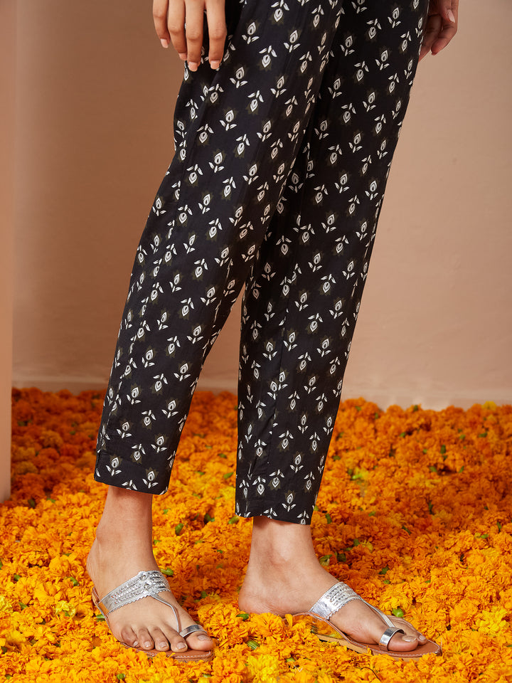 Black Cambric A-Line Floral Printed 3-Piece Kurta Set