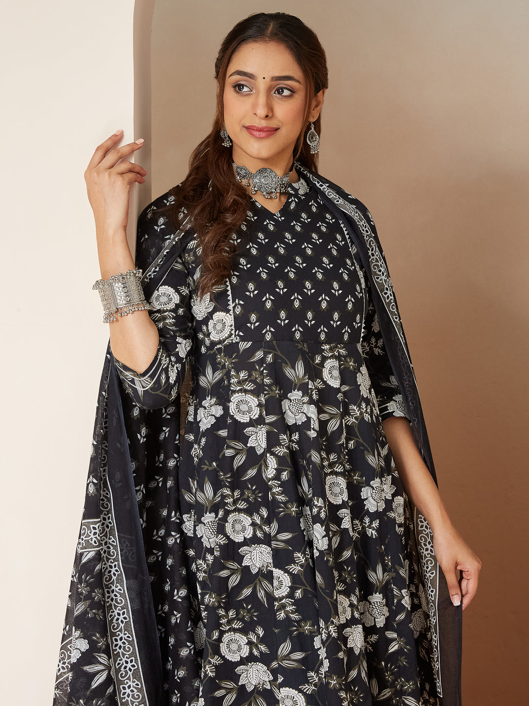 Black Cambric A-Line Floral Printed 3-Piece Kurta Set