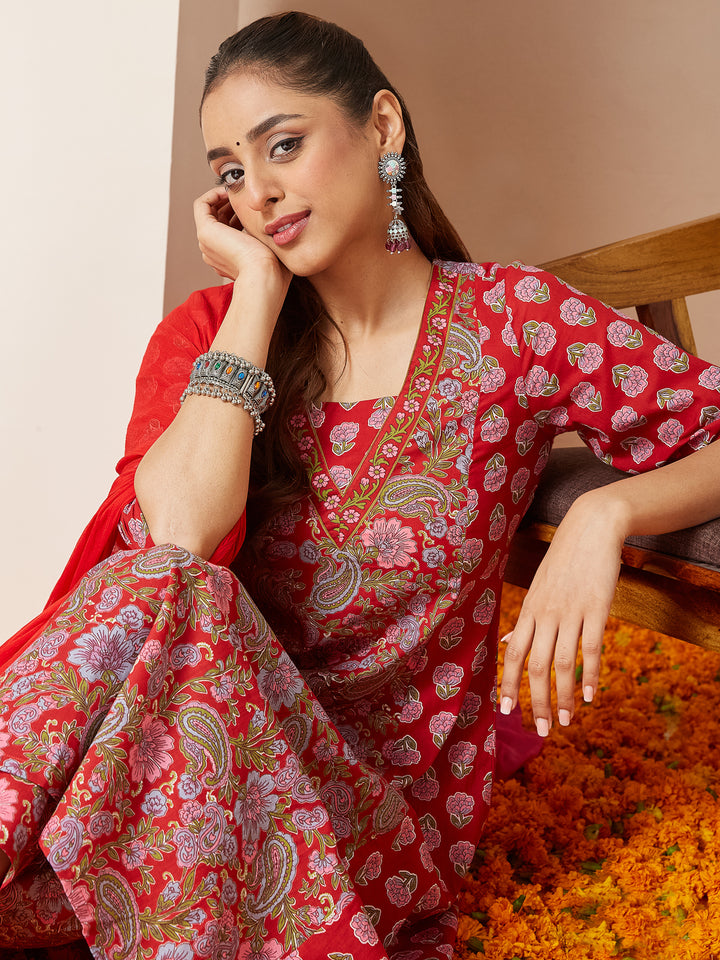 Red Cambric A-Line Floral Printed 3-Piece Kurta Set