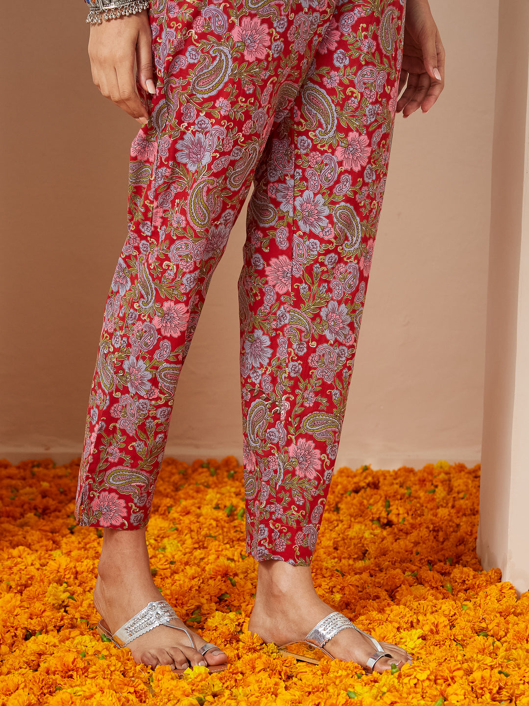 Red Cambric A-Line Floral Printed 3-Piece Kurta Set