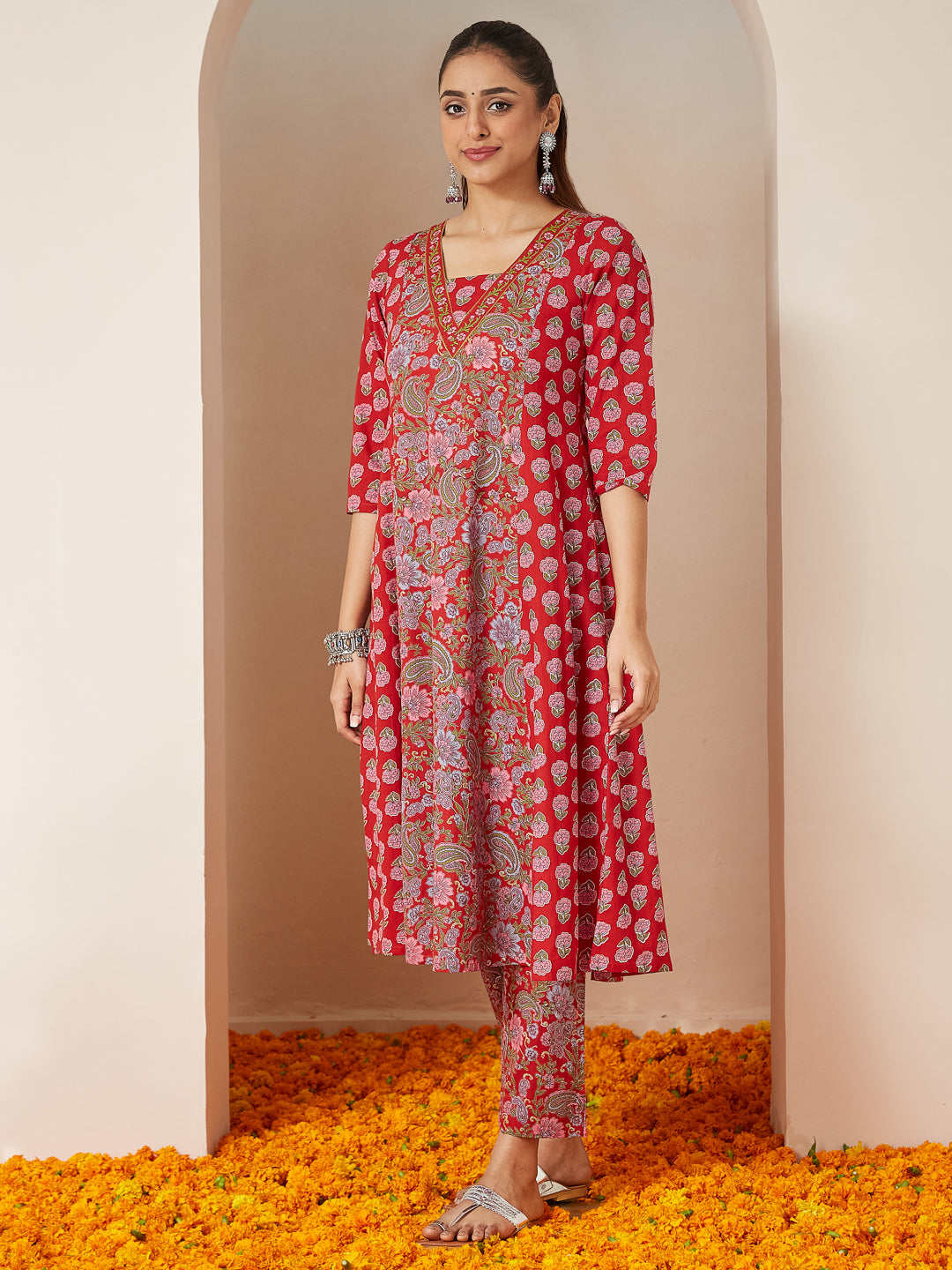 Red Cambric A-Line Floral Printed 3-Piece Kurta Set