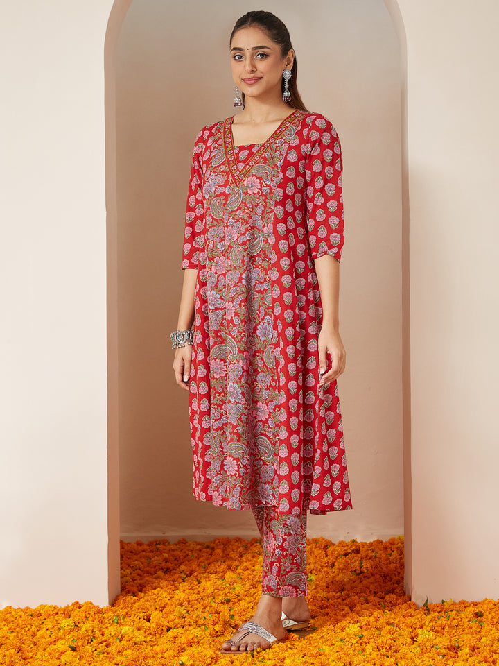 Red Cambric A-Line Floral Printed 3-Piece Kurta Set