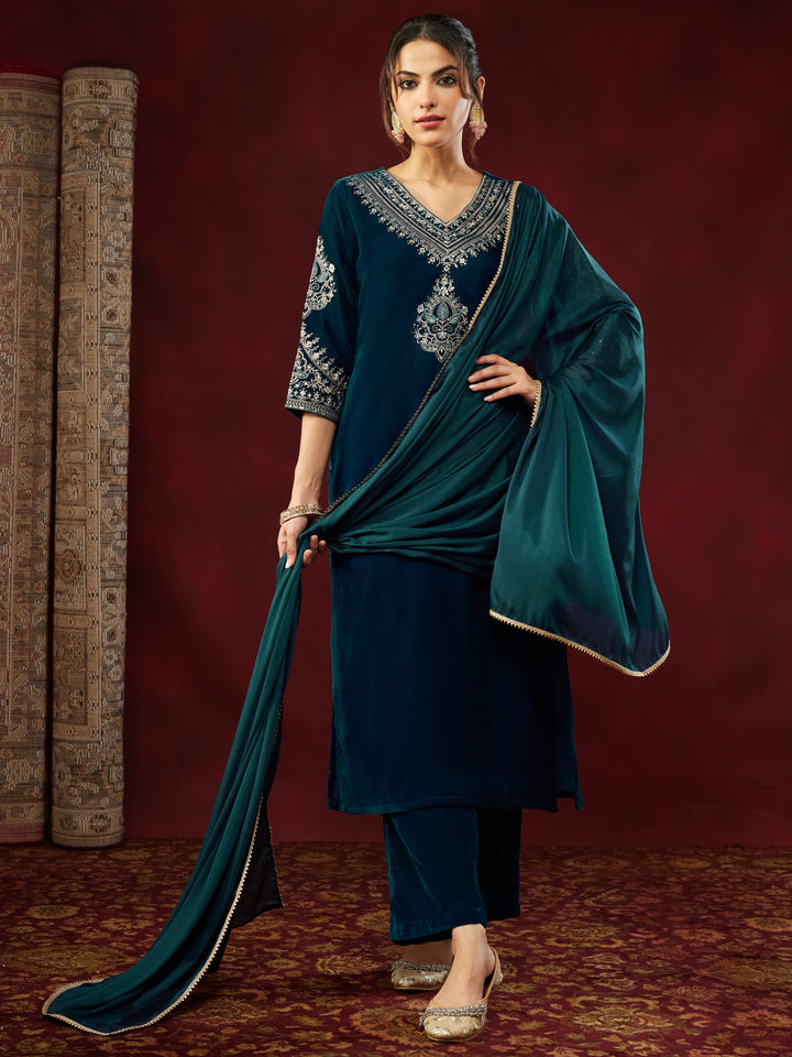 Teal Velvet Embroidered 3-Piece Kurta Set