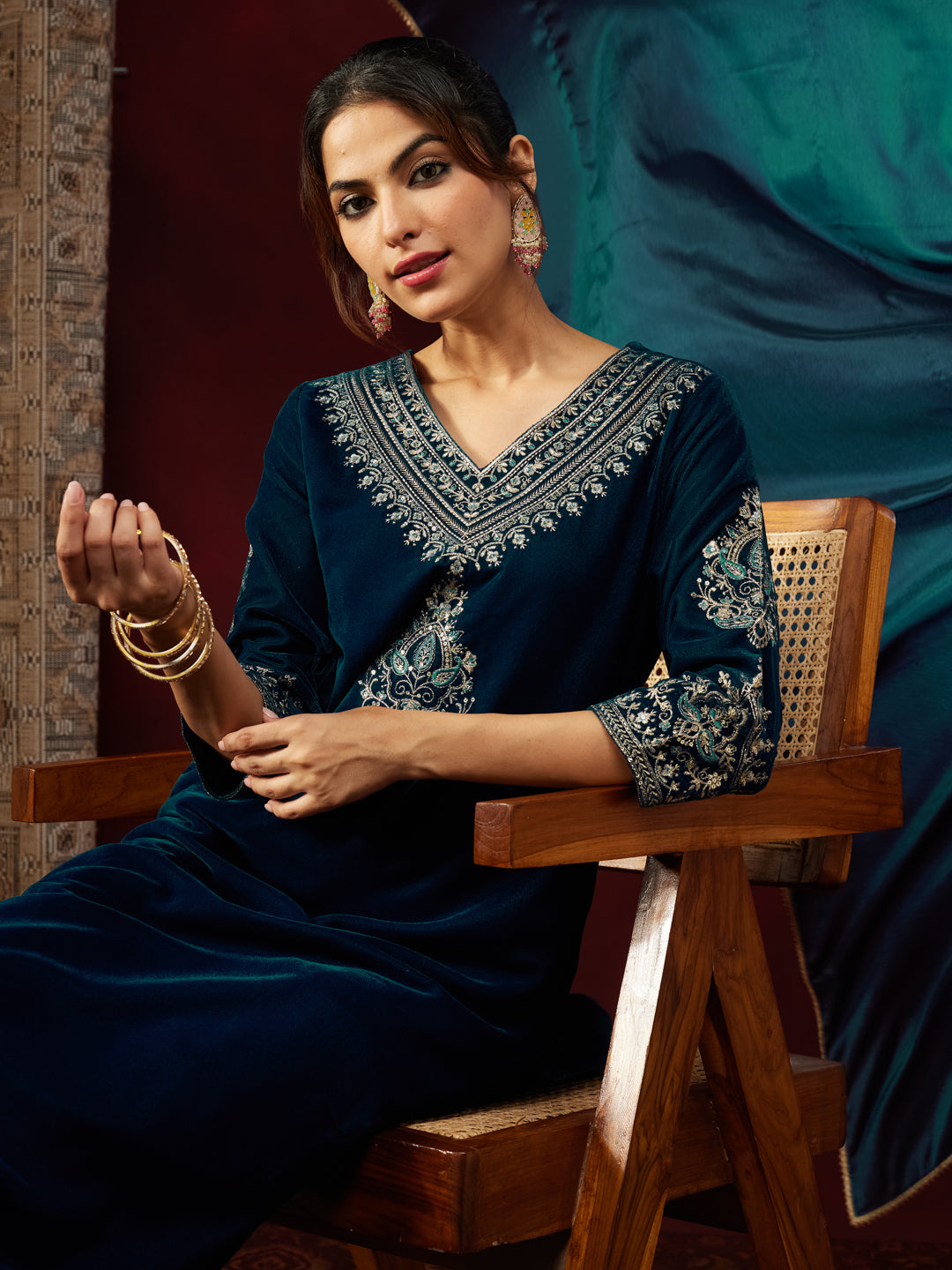 Teal Velvet Embroidered 3-Piece Kurta Set