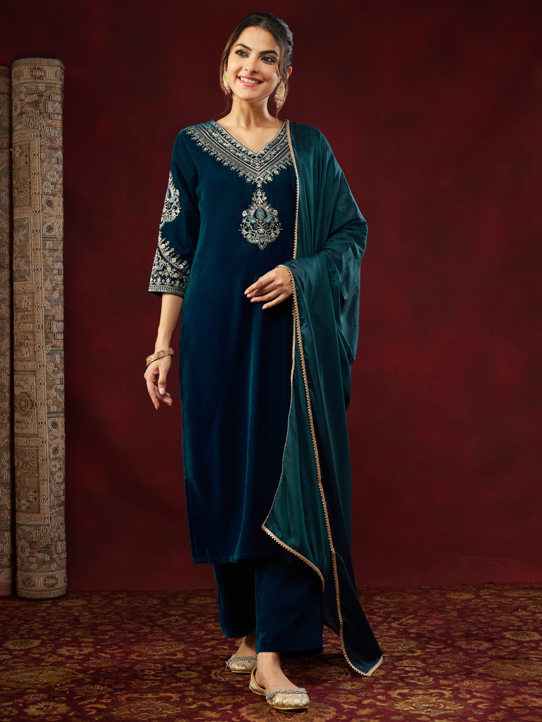Teal Velvet Embroidered 3-Piece Kurta Set