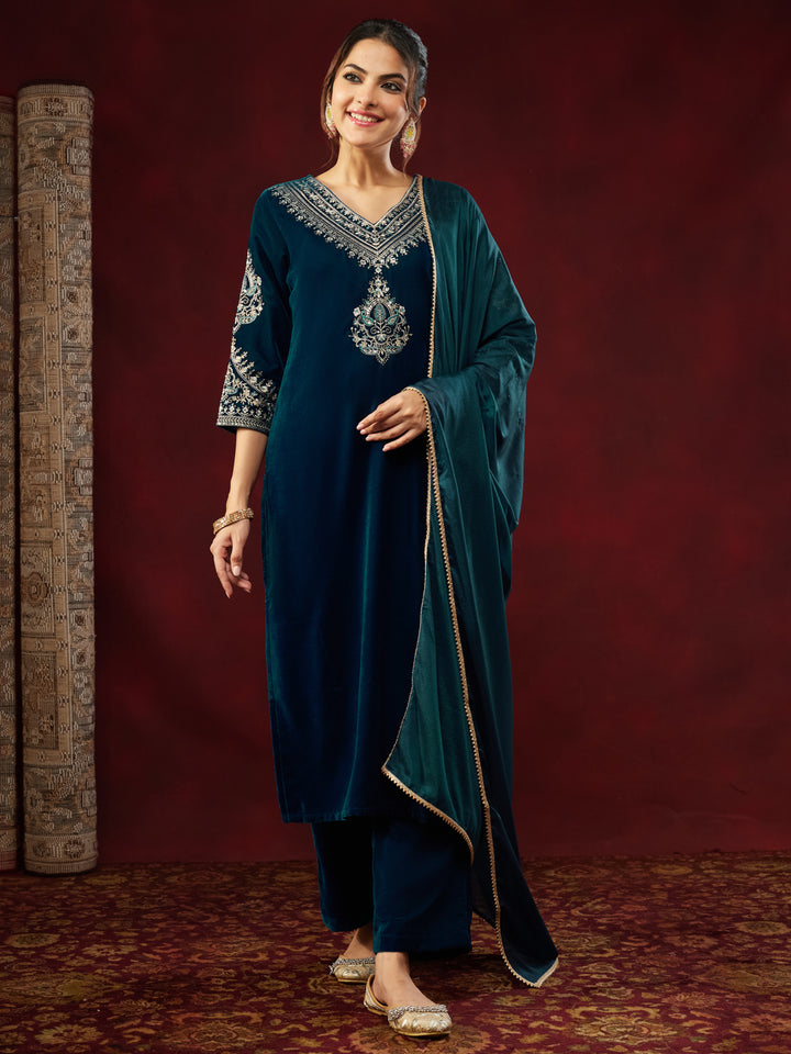 Teal Velvet Embroidered 3-Piece Kurta Set