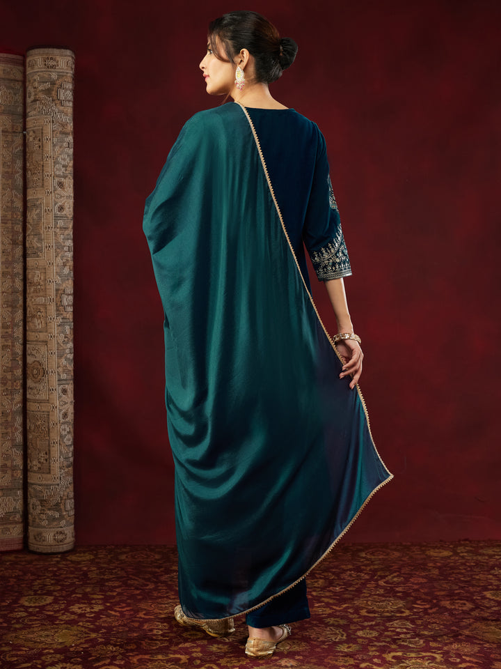 Teal Velvet Embroidered 3-Piece Kurta Set