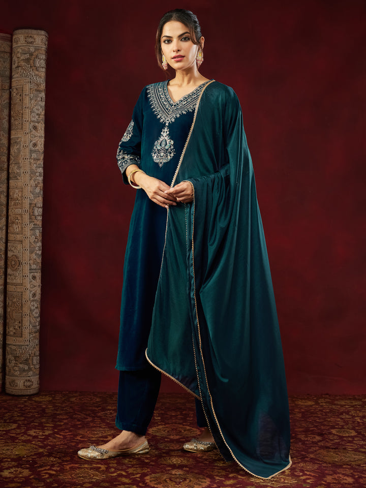 Teal Velvet Embroidered 3-Piece Kurta Set