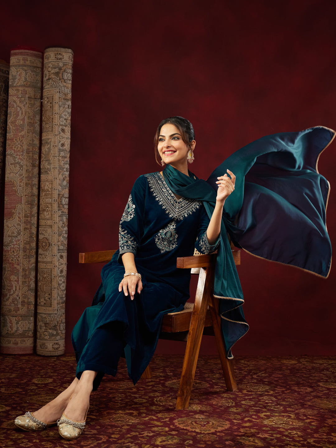 Teal Velvet Embroidered 3-Piece Kurta Set