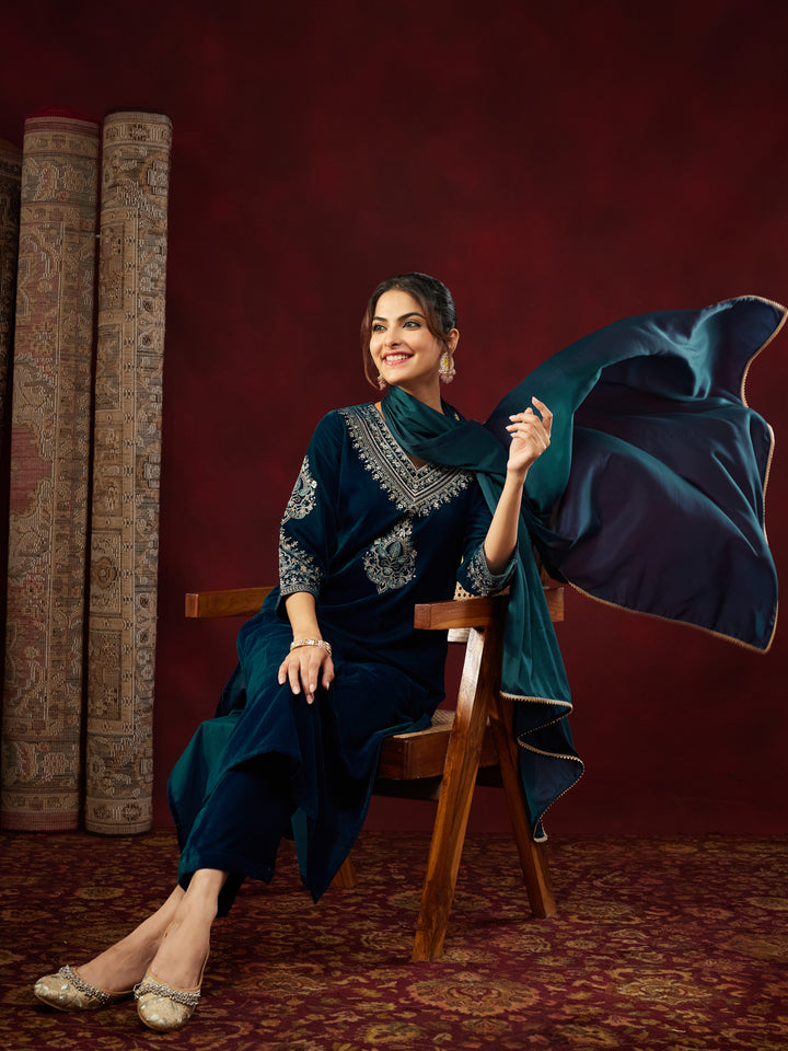 Teal Velvet Embroidered 3-Piece Kurta Set