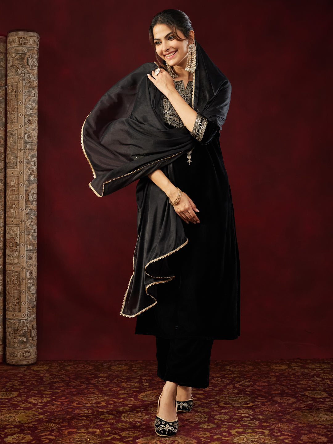 Black Velvet Embroidered 3-Piece Kurta Set