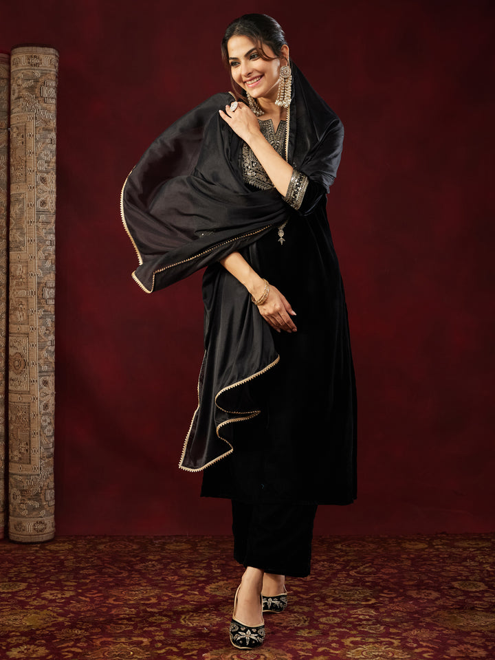 Black Velvet Embroidered 3-Piece Kurta Set