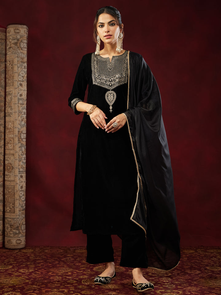 Black Velvet Embroidered 3-Piece Kurta Set