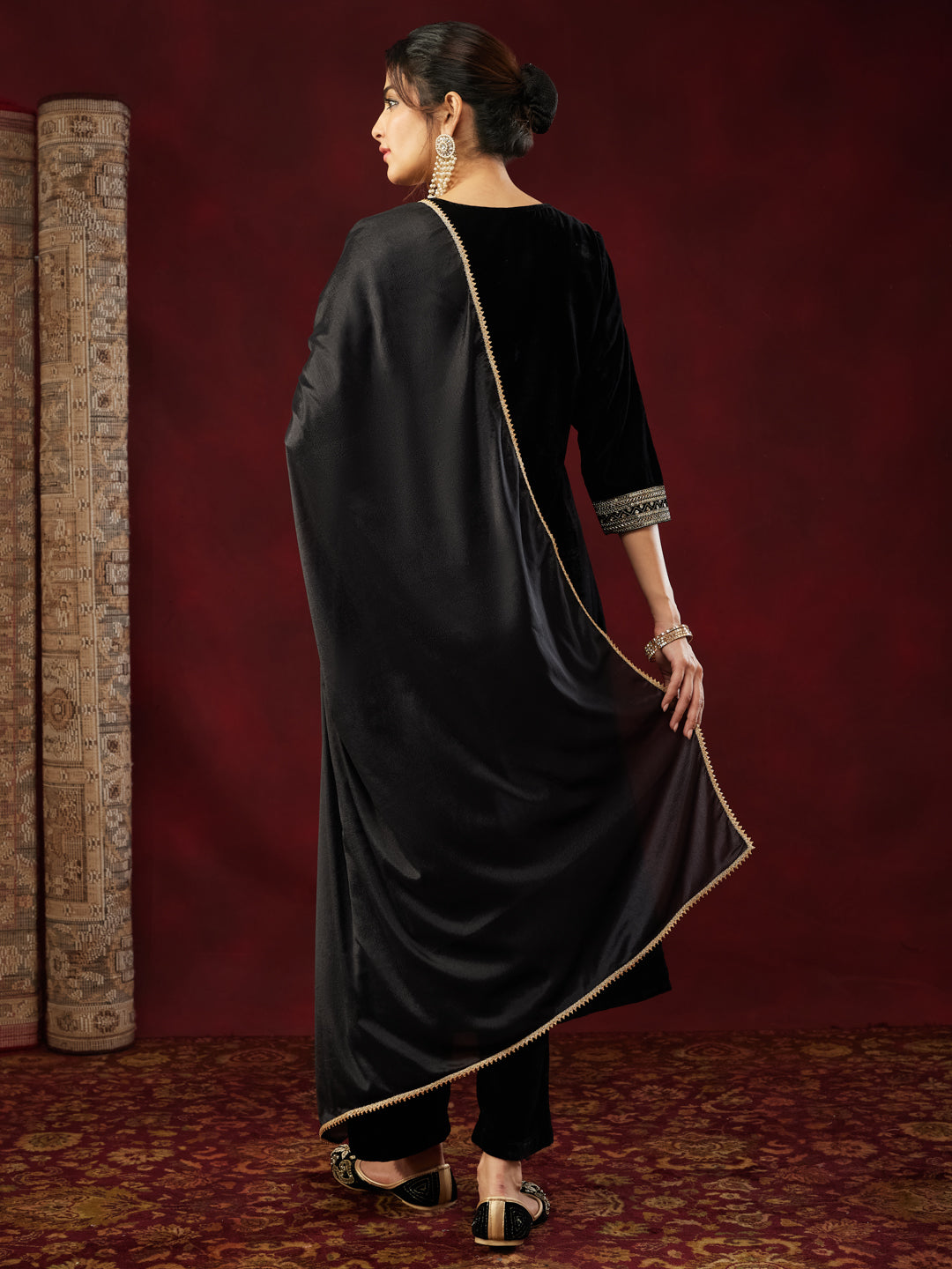 Black Velvet Embroidered 3-Piece Kurta Set