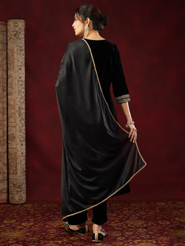 Black Velvet Embroidered 3-Piece Kurta Set