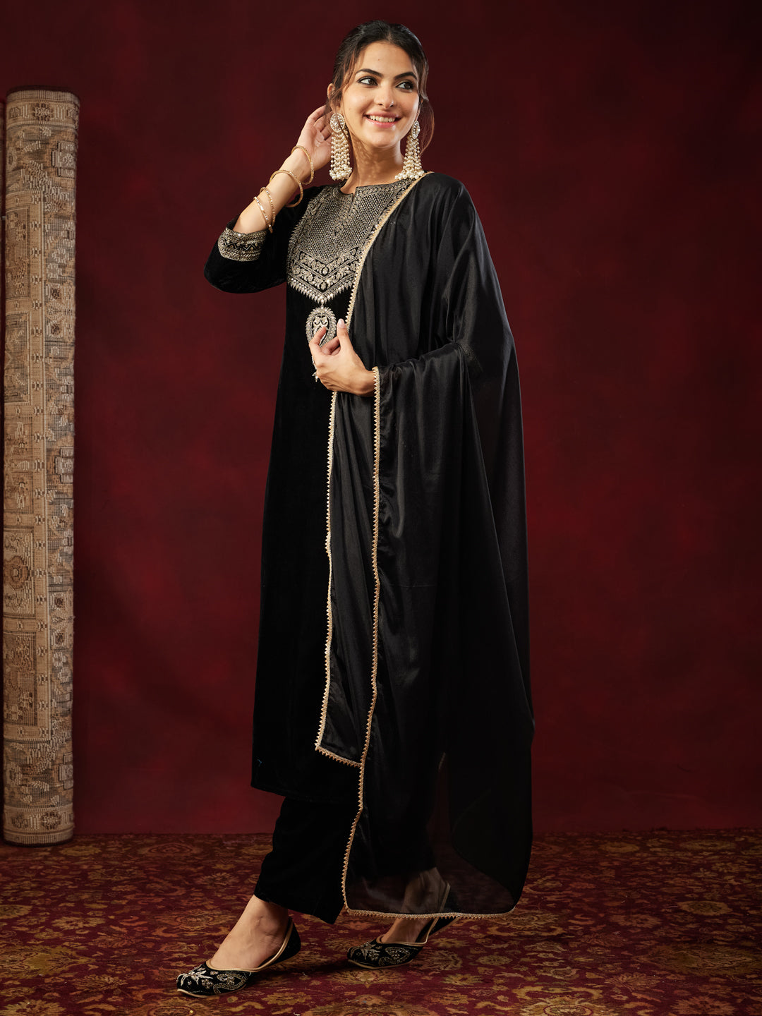 Black Velvet Embroidered 3-Piece Kurta Set
