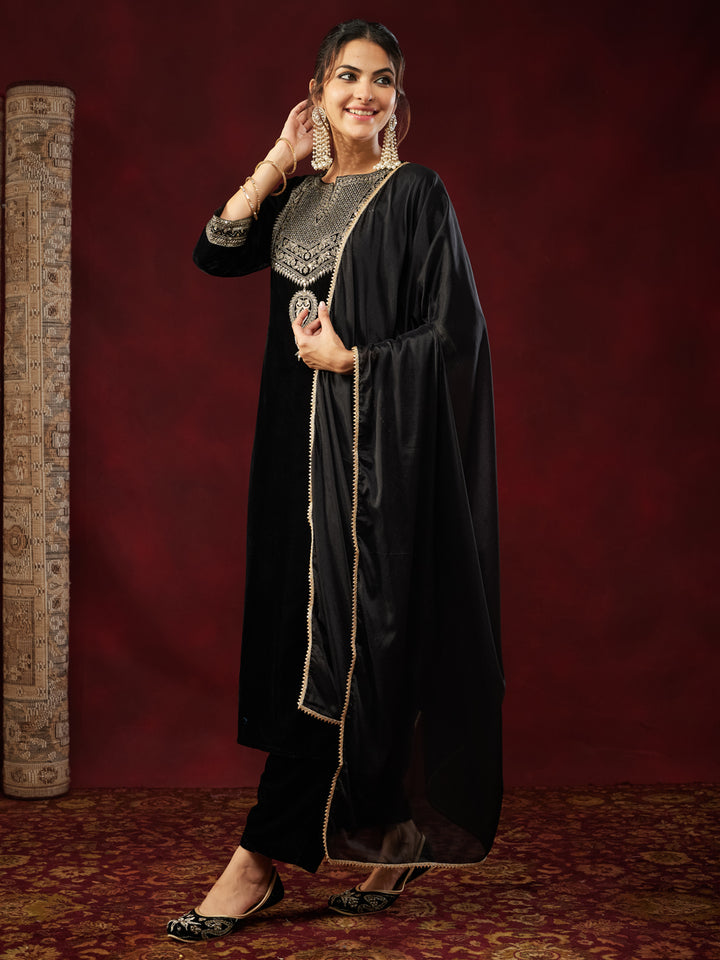 Black Velvet Embroidered 3-Piece Kurta Set