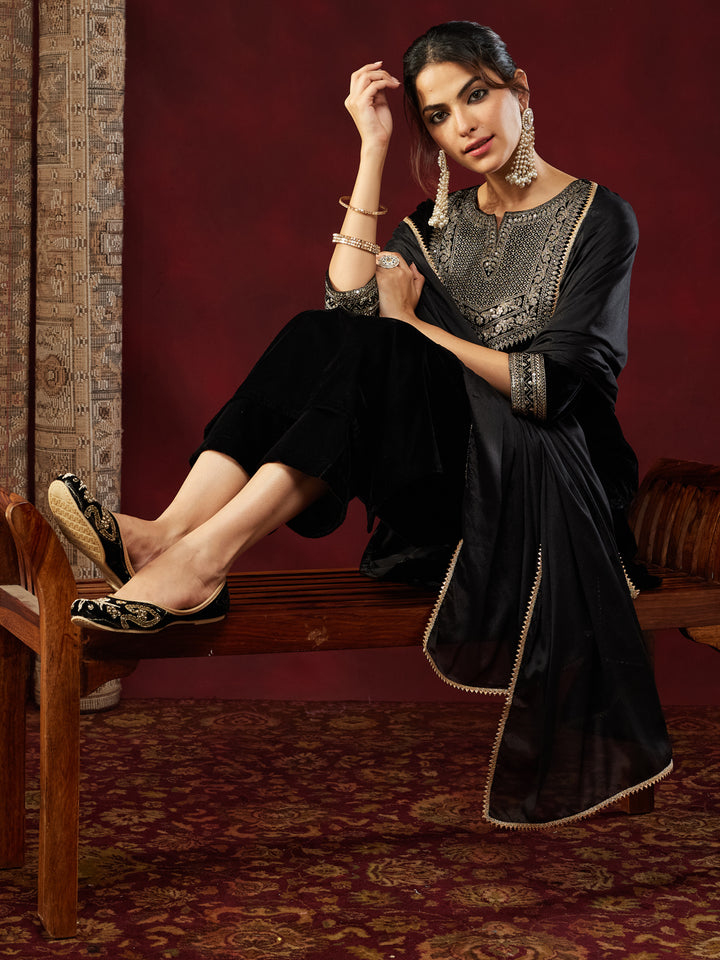 Black Velvet Embroidered 3-Piece Kurta Set