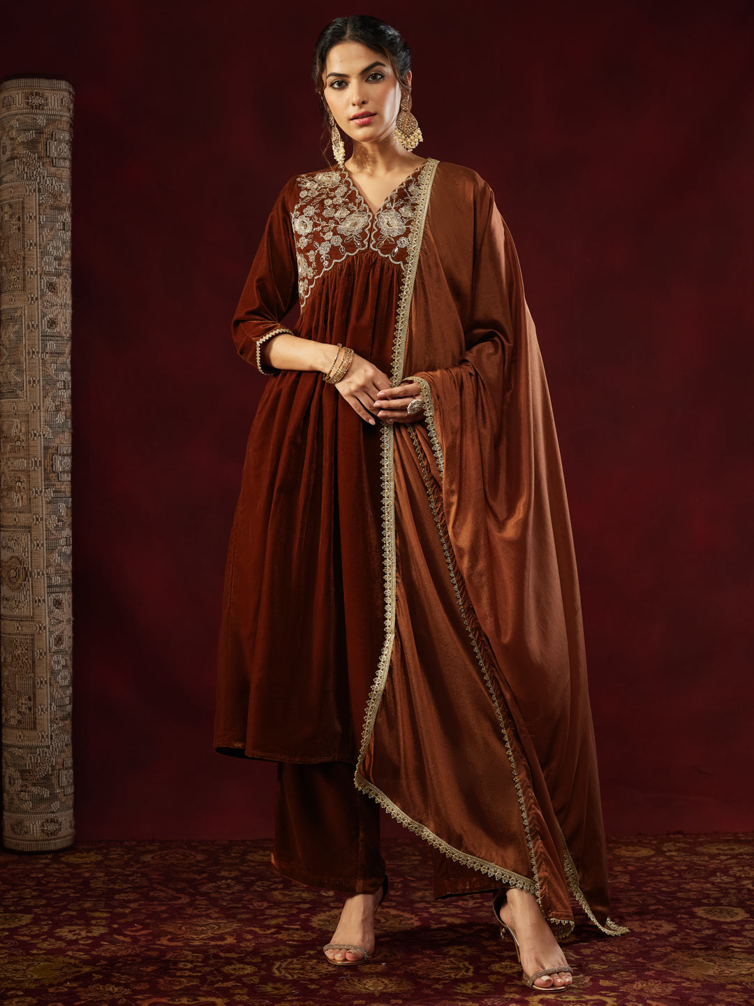 Brown Velvet Embroidered 3-Piece Kurta Set