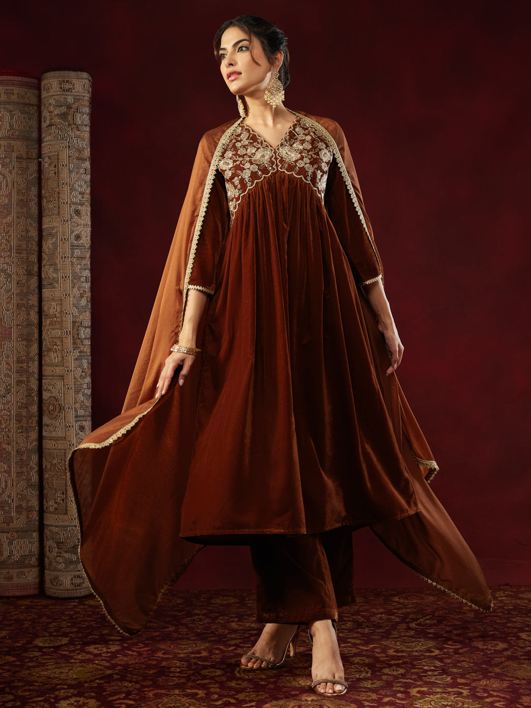 Brown Velvet Embroidered 3-Piece Kurta Set