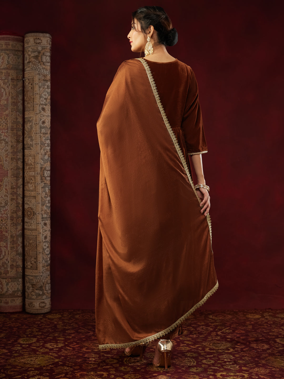 Brown Velvet Embroidered 3-Piece Kurta Set