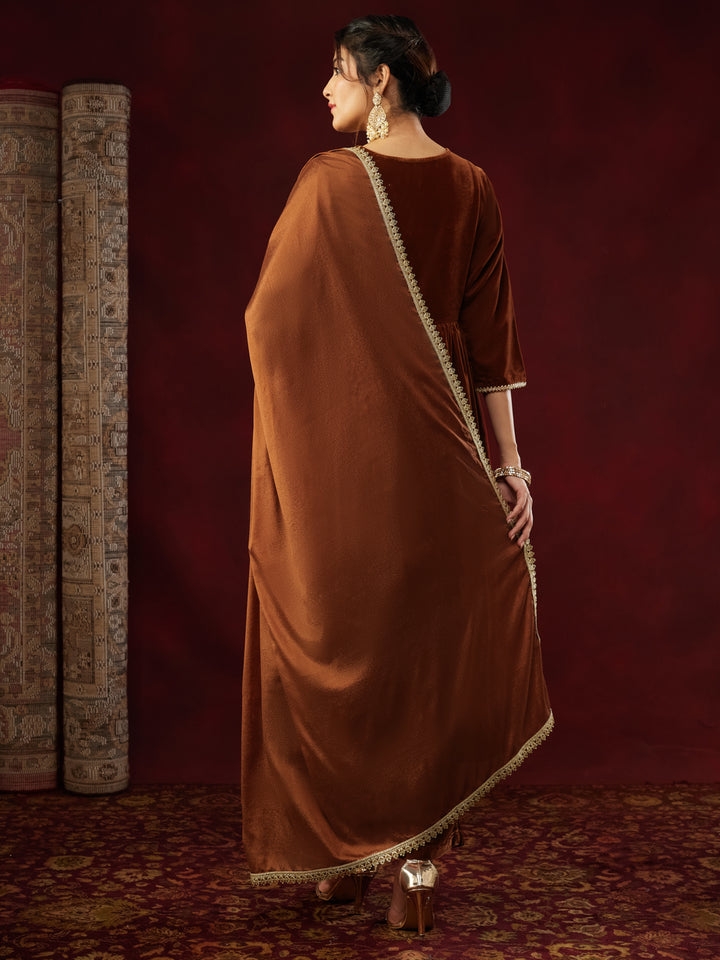 Brown Velvet Embroidered 3-Piece Kurta Set