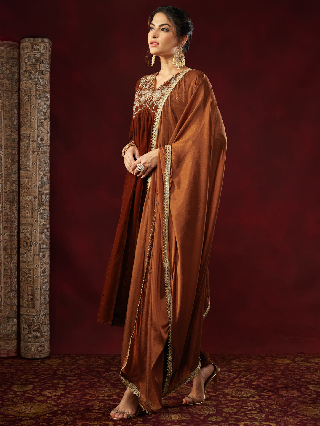 Brown Velvet Embroidered 3-Piece Kurta Set