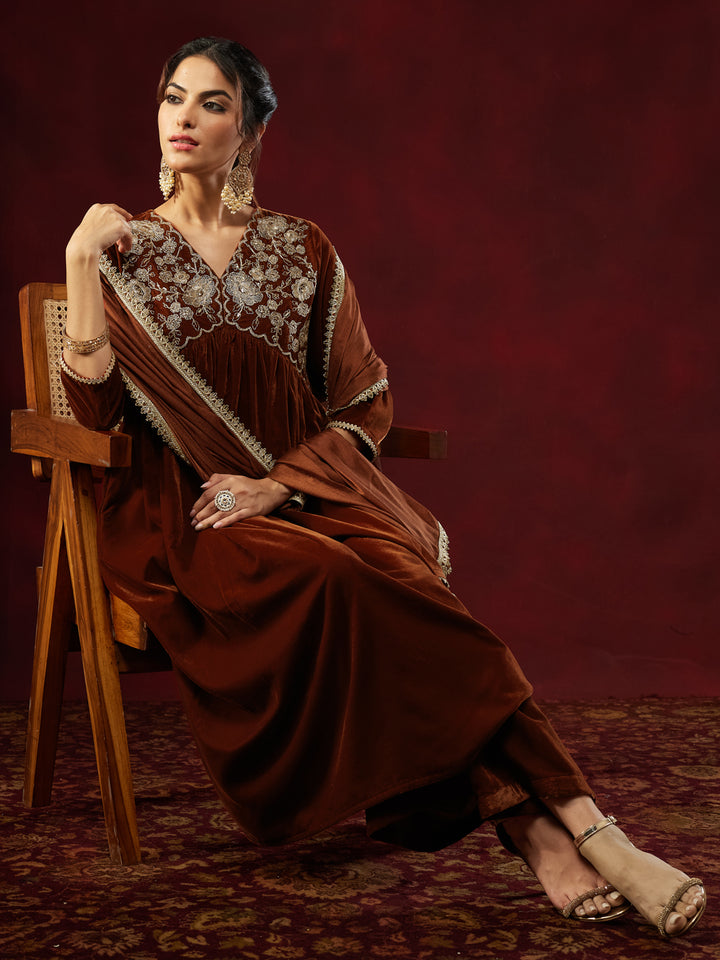 Brown Velvet Embroidered 3-Piece Kurta Set