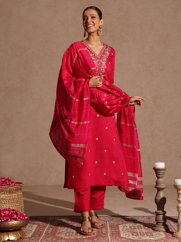 Pink Silk Blend Embroidered 3-Piece Kurta Set