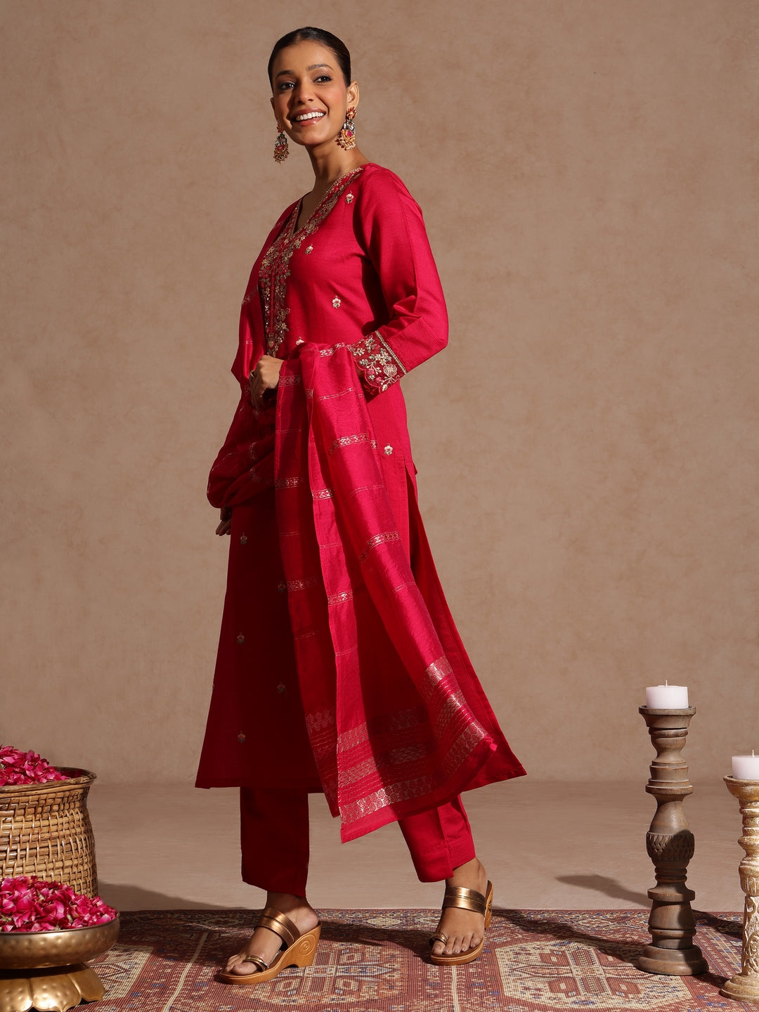 Pink Silk Blend Embroidered 3-Piece Kurta Set