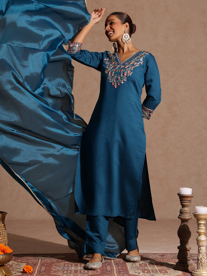 Teal Silk Blend Yoke Embroidery 3-Piece Kurta Set