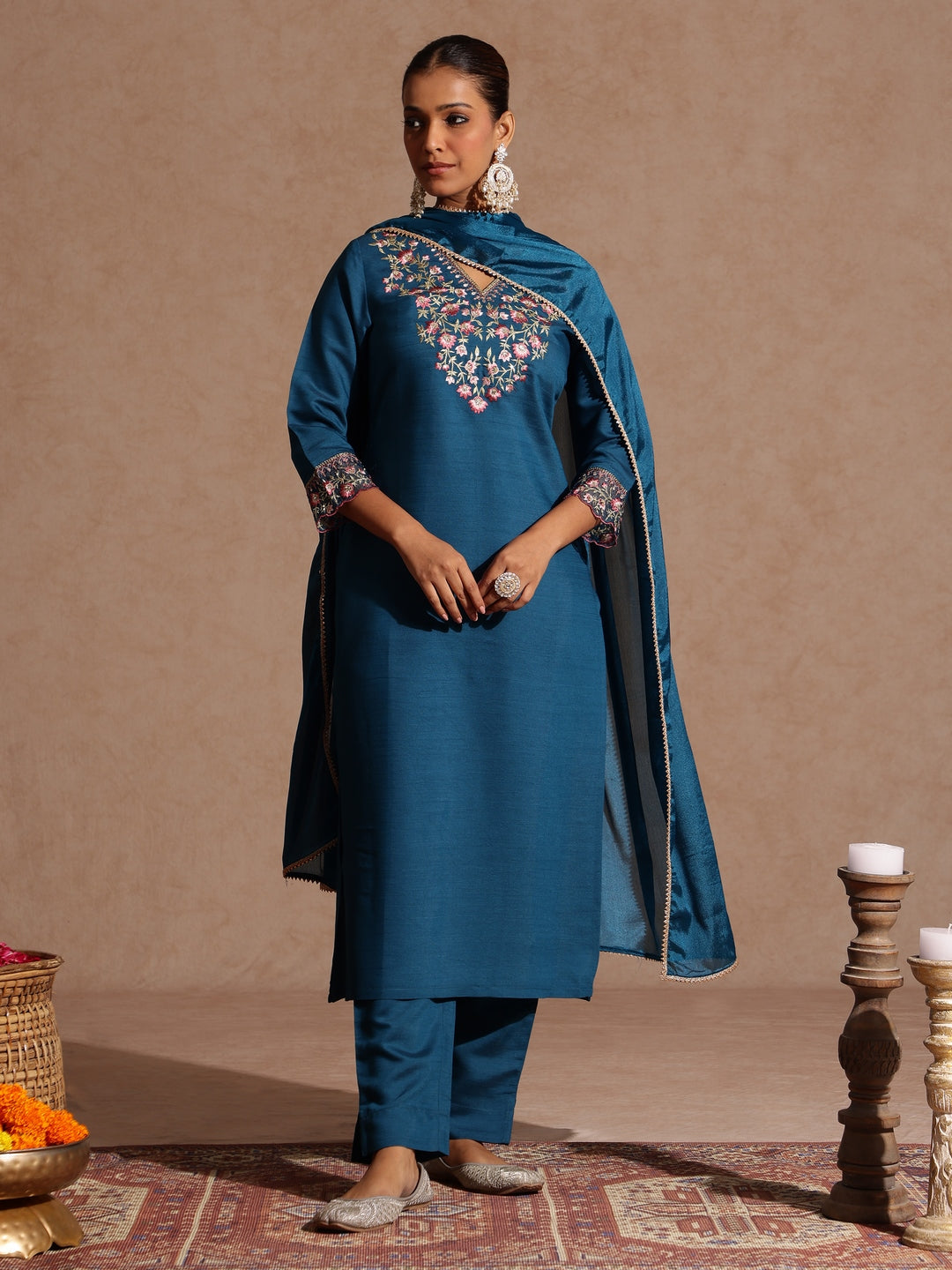Teal Silk Blend Yoke Embroidery 3-Piece Kurta Set