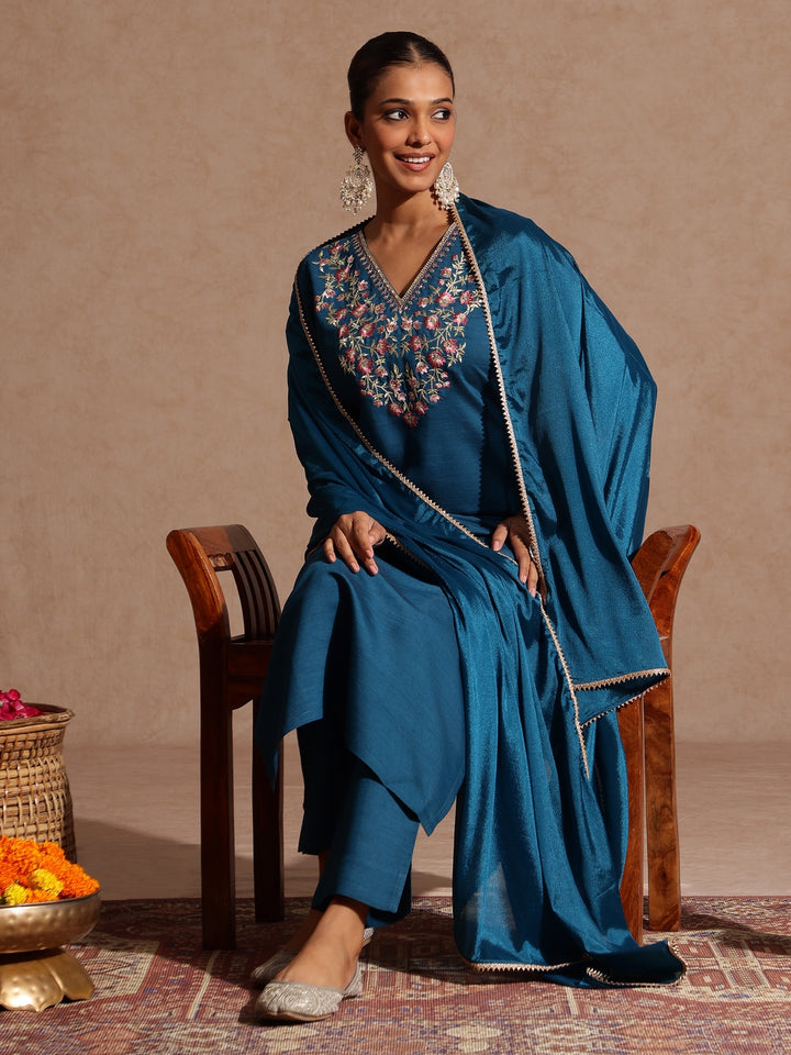 Teal Silk Blend Yoke Embroidery 3-Piece Kurta Set
