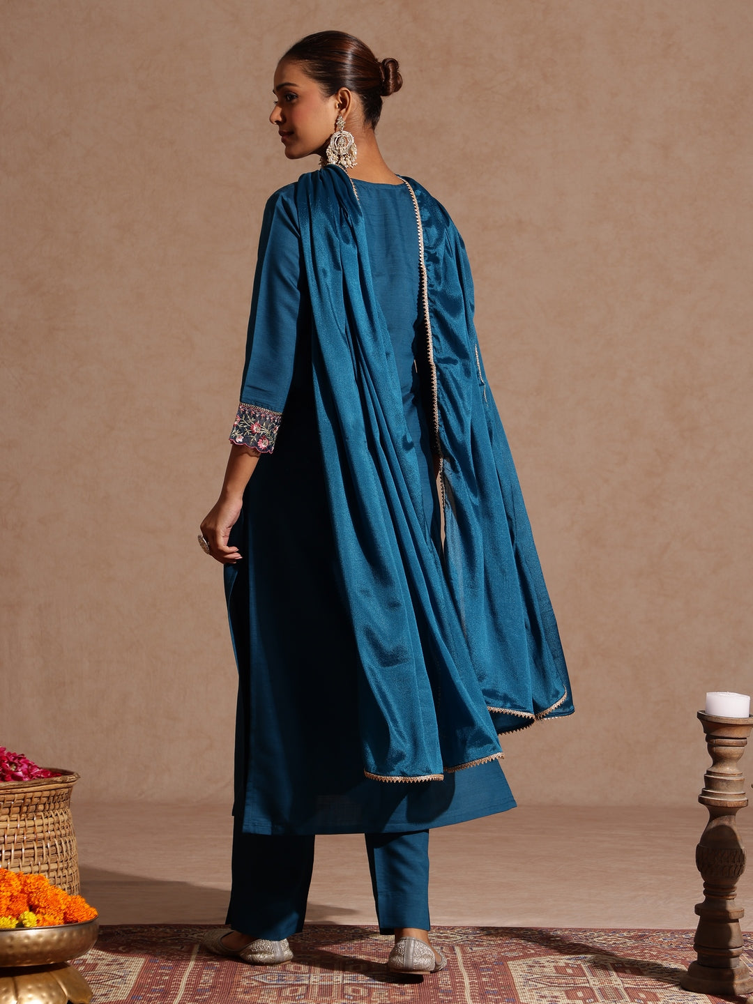 Teal Silk Blend Yoke Embroidery 3-Piece Kurta Set