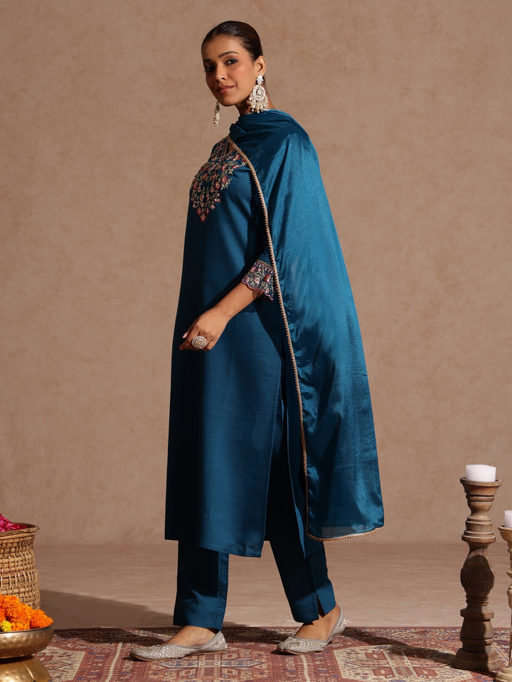 Teal Silk Blend Yoke Embroidery 3-Piece Kurta Set