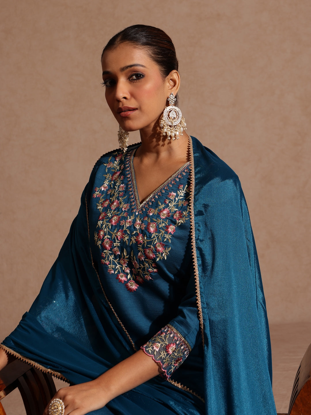 Teal Silk Blend Yoke Embroidery 3-Piece Kurta Set