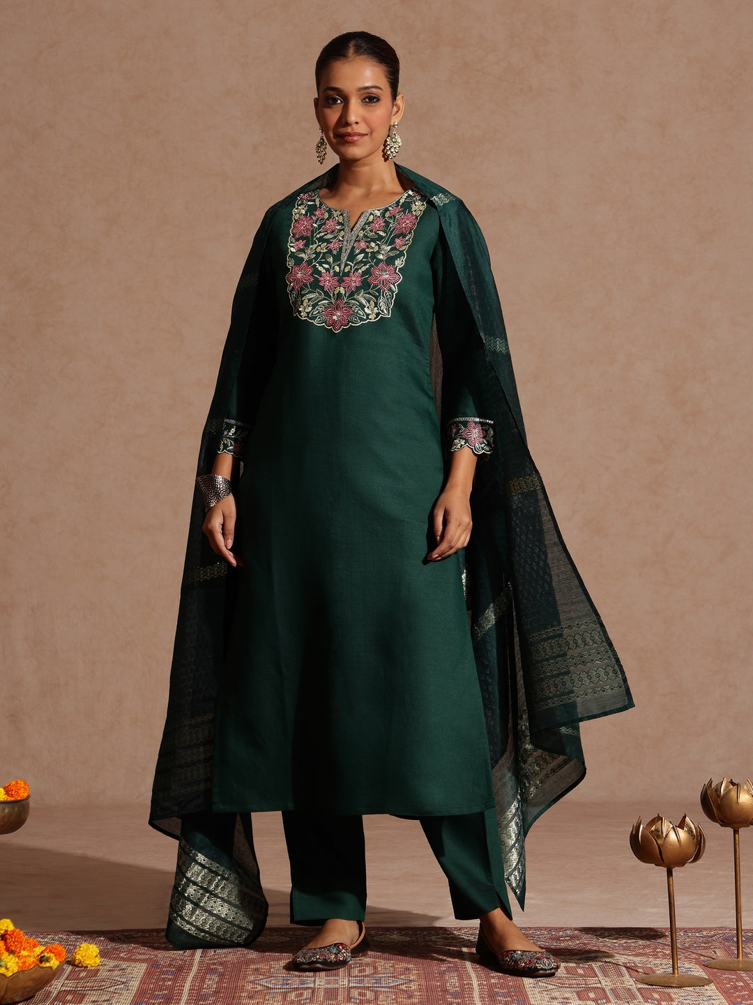 Bottle Green Silk Blend Yoke Embroidery 3-Piece Kurta Set