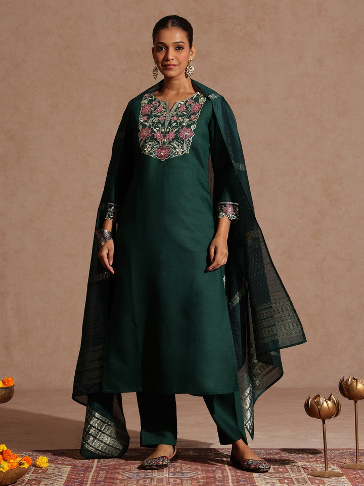 Bottle Green Silk Blend Yoke Embroidery 3-Piece Kurta Set