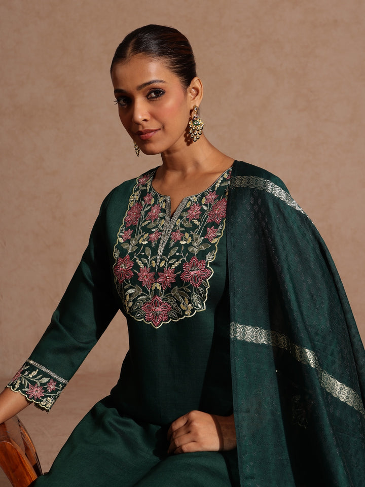Bottle Green Silk Blend Yoke Embroidery 3-Piece Kurta Set