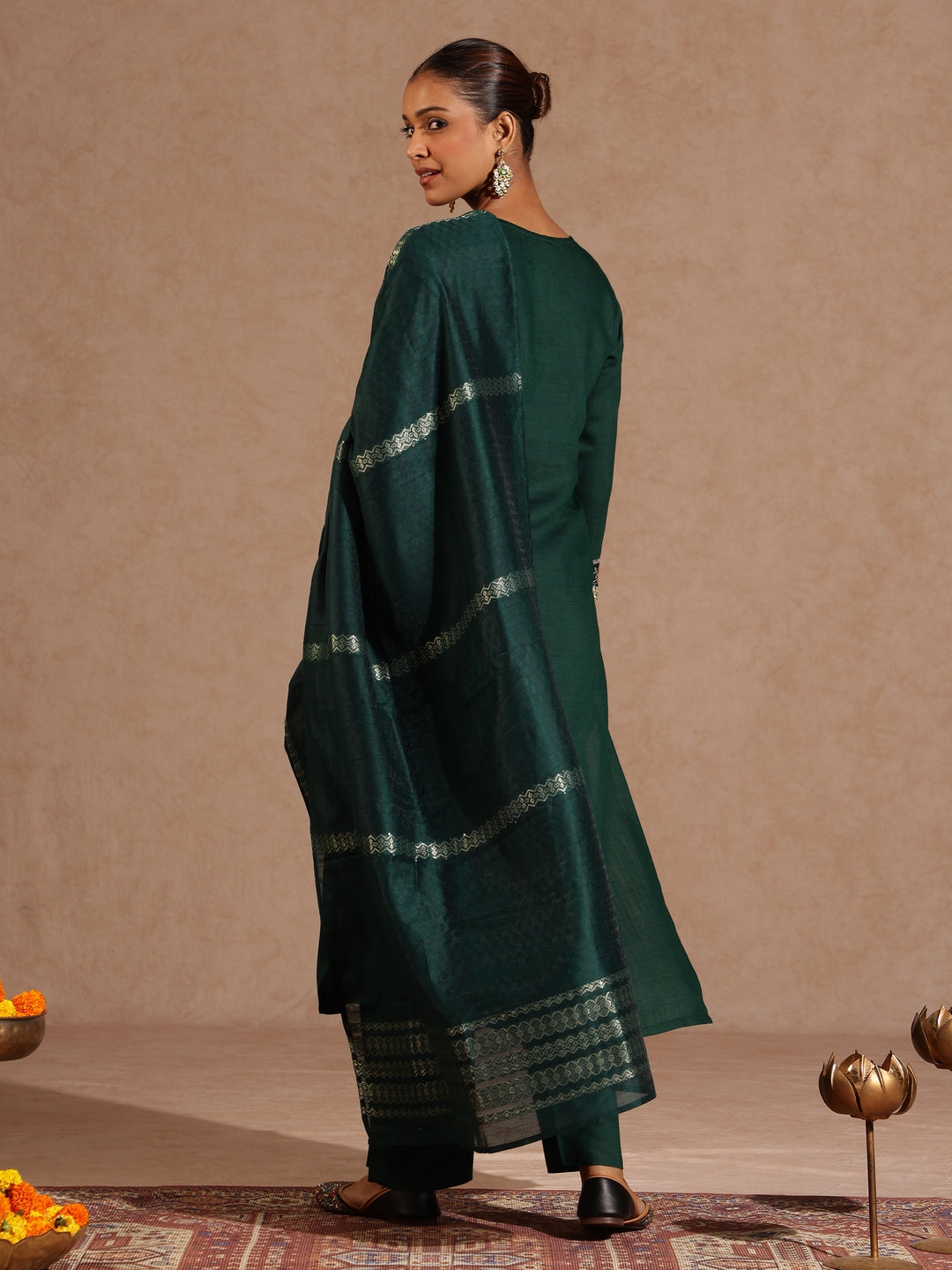 Bottle Green Silk Blend Yoke Embroidery 3-Piece Kurta Set