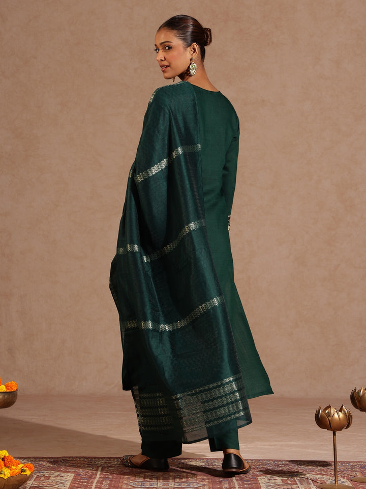 Bottle Green Silk Blend Yoke Embroidery 3-Piece Kurta Set