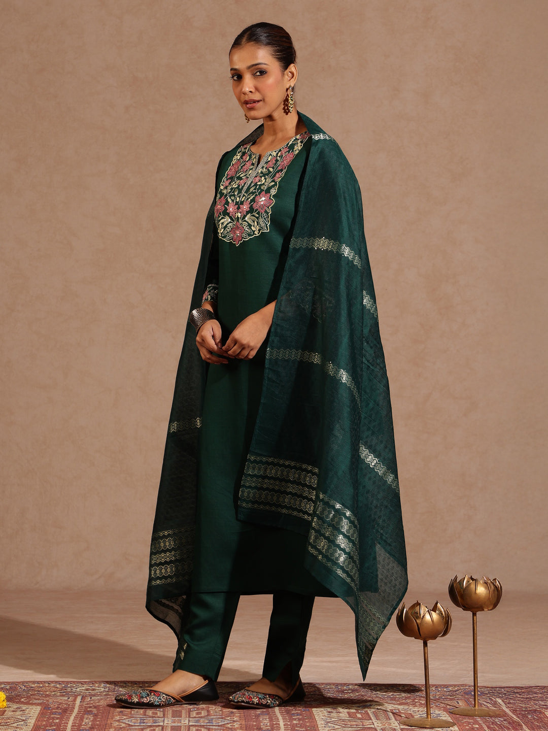 Bottle Green Silk Blend Yoke Embroidery 3-Piece Kurta Set