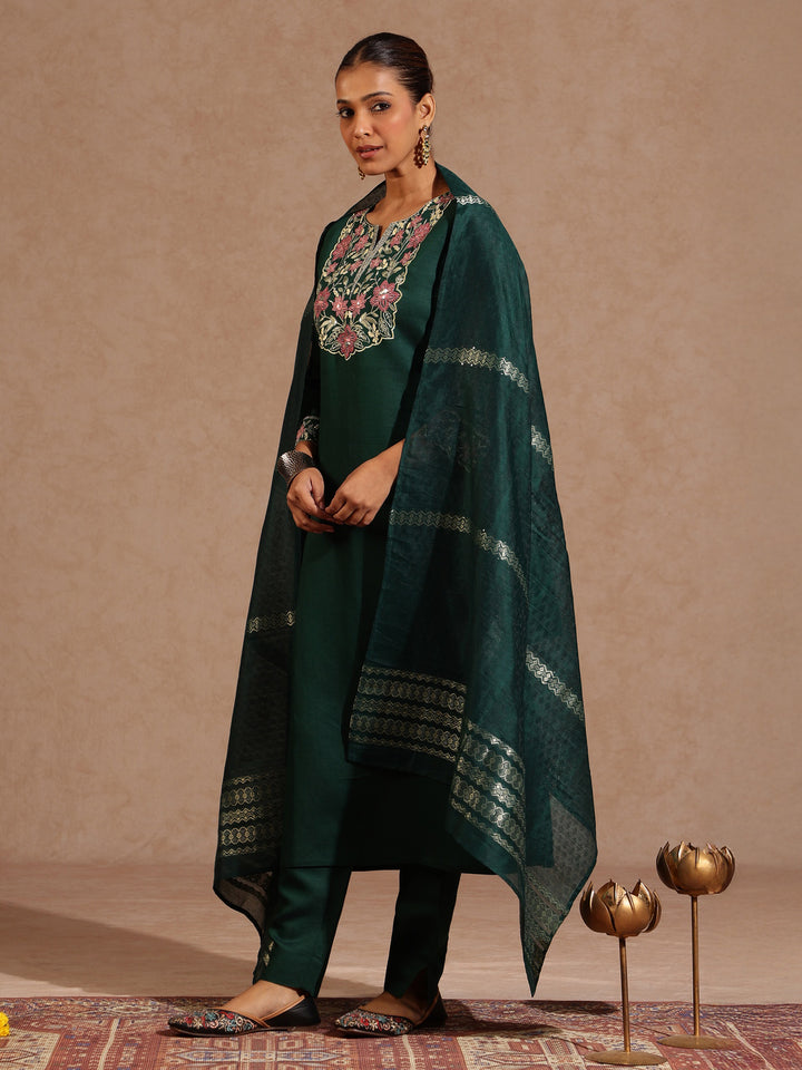 Bottle Green Silk Blend Yoke Embroidery 3-Piece Kurta Set